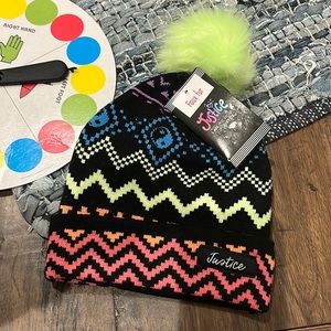 Neon Chevron Faux Fur Pom Top Beanie by Justice